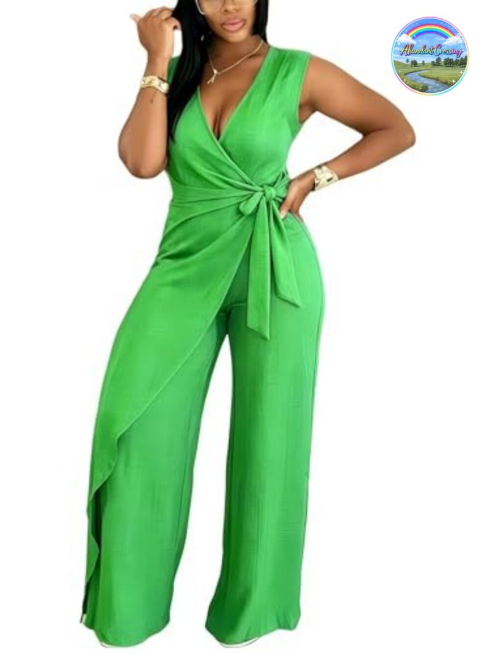 Sleeveless V-Neck Wide Leg Jumpsuit with Tie Waist